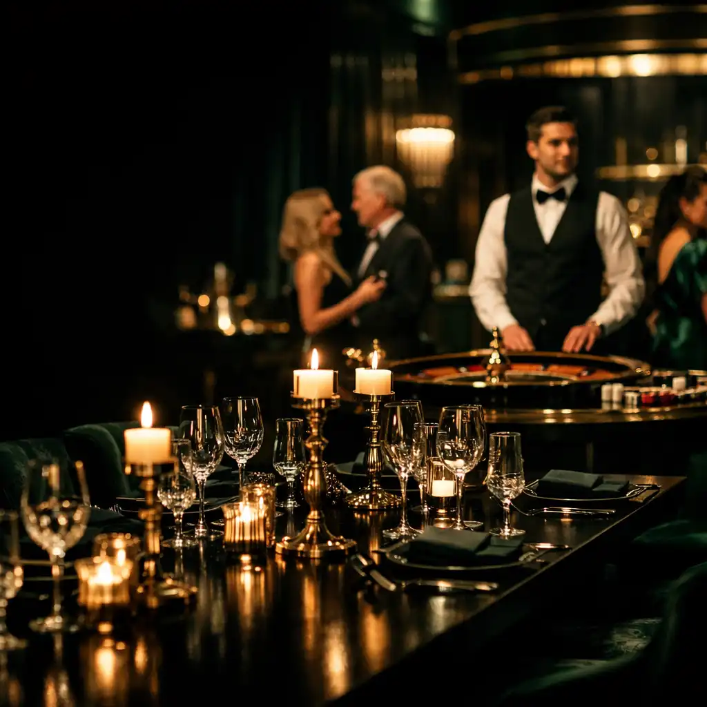 Elegancki, zamknięty wieczór przy restauracyjnym stole z dyskretnie widoczną oprawą turniejową.