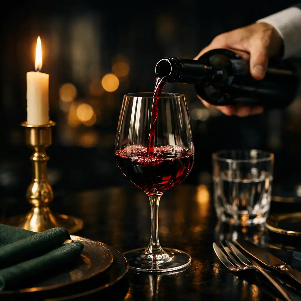 Dłoń sommeliera nalewająca czerwone wino do kryształowego kieliszka przy elegancko nakrytym stole.