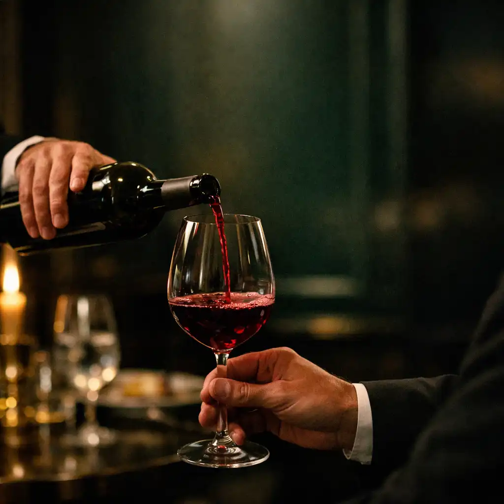 Sommelier nalewający czerwone wino do kieliszka przy prywatnym stole