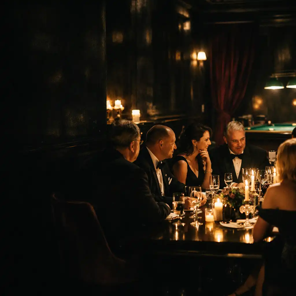 Nocny salon podczas eleganckiego wieczoru VIP przy długim stole