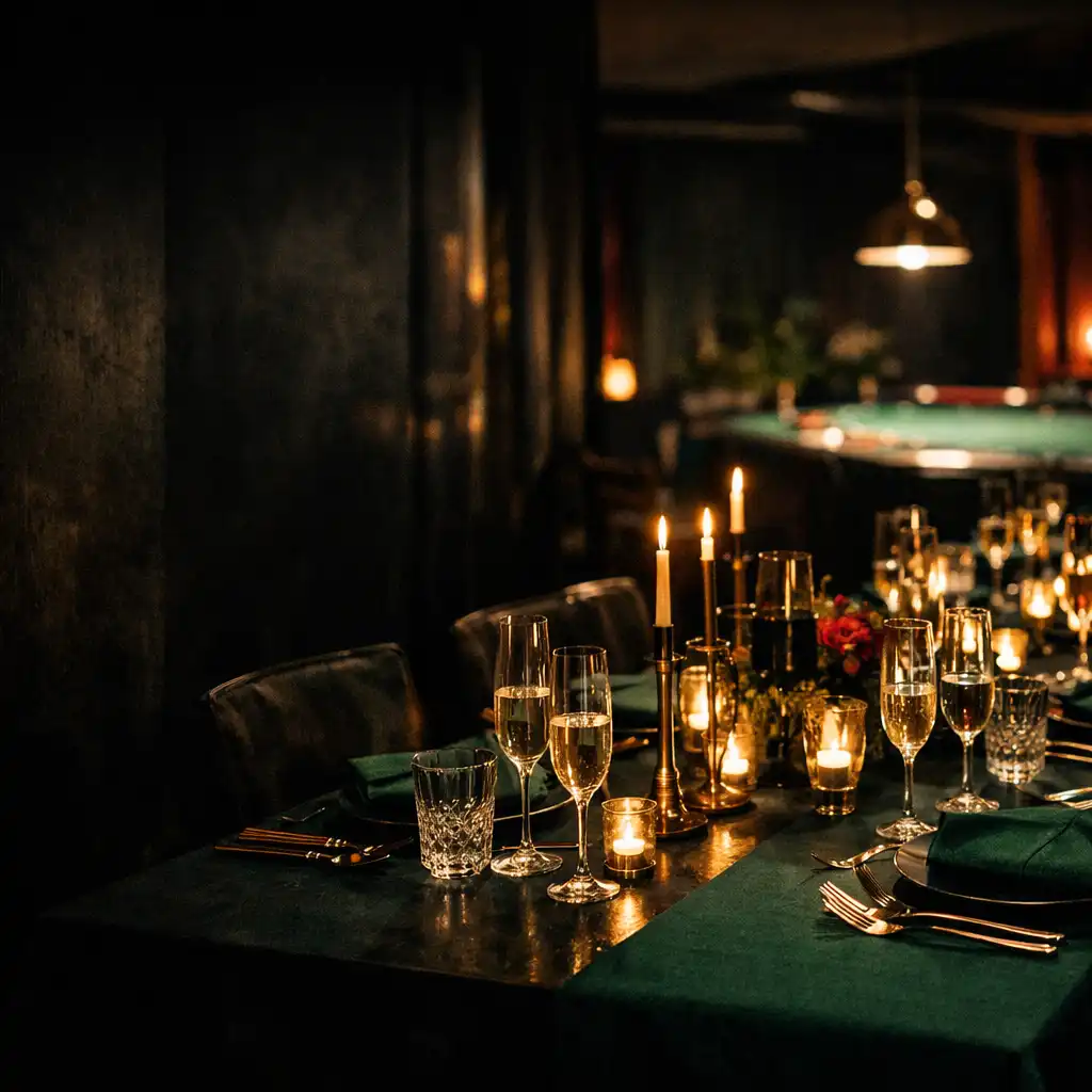 Nocny stół przygotowany na prywatną kolację w eleganckiej restauracji