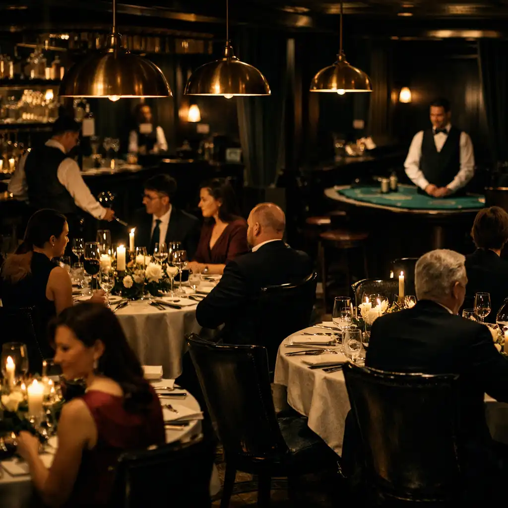 Nastrojowa sala restauracyjna przygotowana na elegancką galę