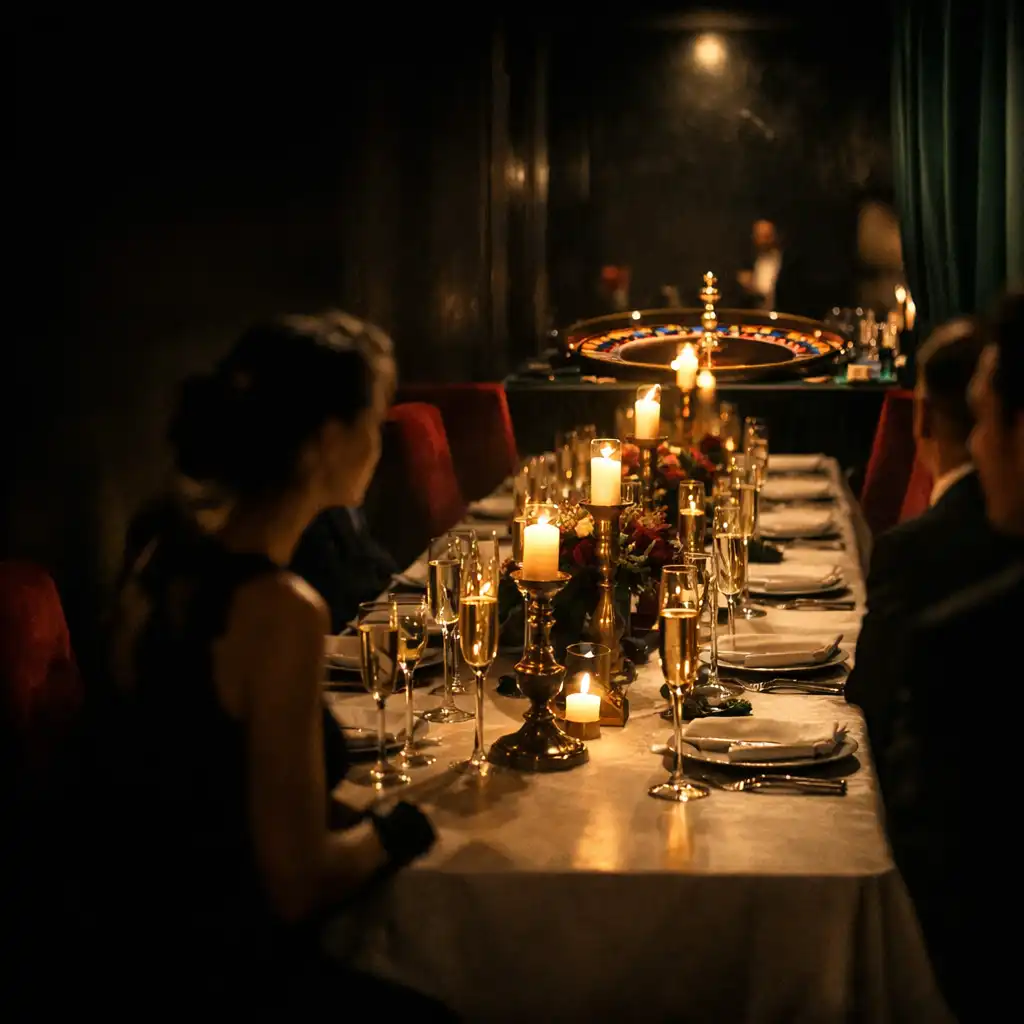 Elegancka, zamknięta kolacja VIP w nocnym salonie restauracyjnym