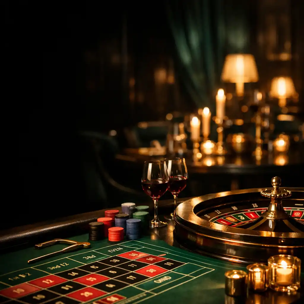 Przygotowany stół American Roulette z kieliszkami wina, świecami i żetonami turniejowymi
