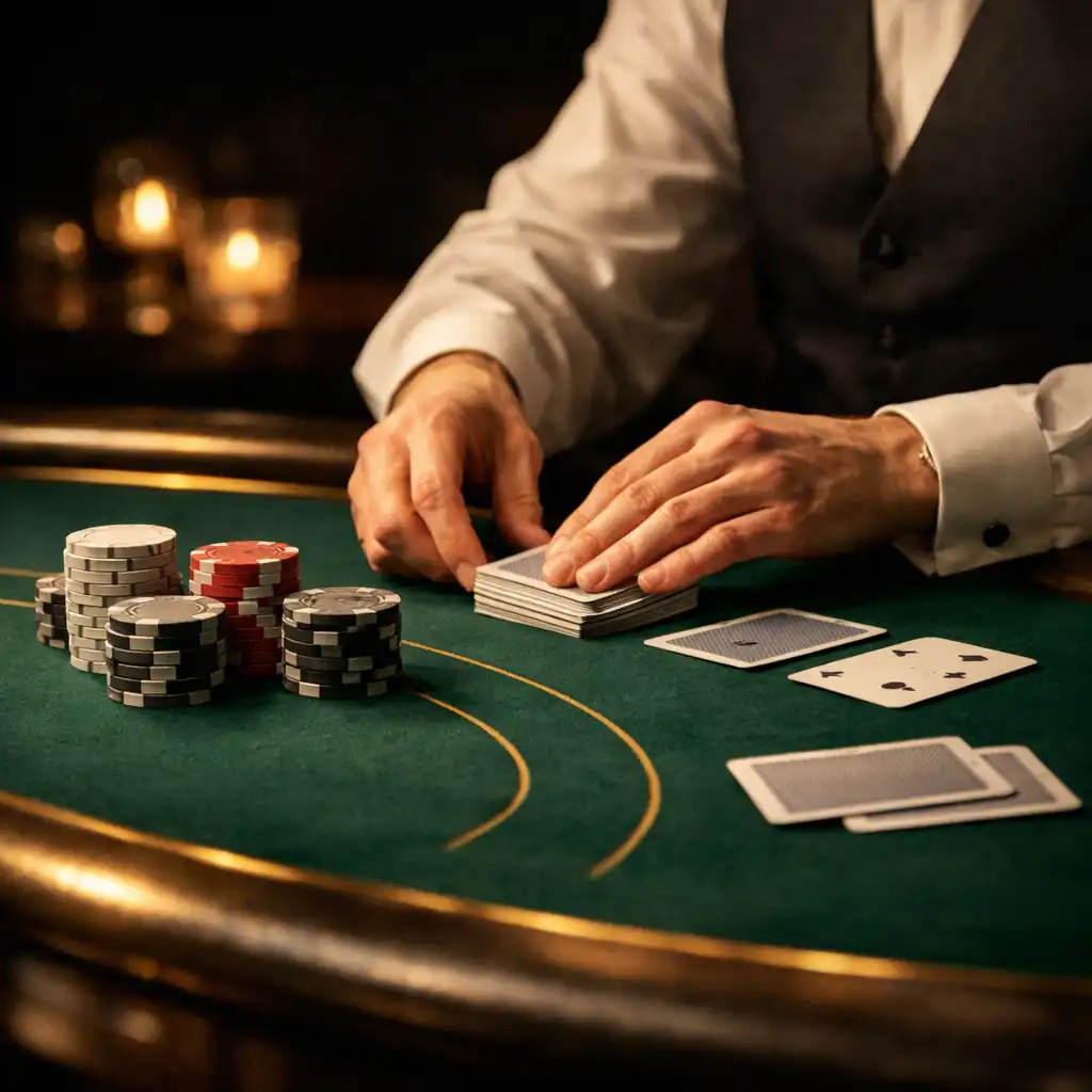 Dłonie krupiera układające neutralne żetony turniejowe na zielonym stole Blackjack