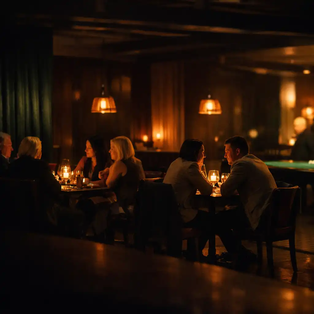 Ciepło oświetlona restauracyjna sala późnym wieczorem z gośćmi przy stole